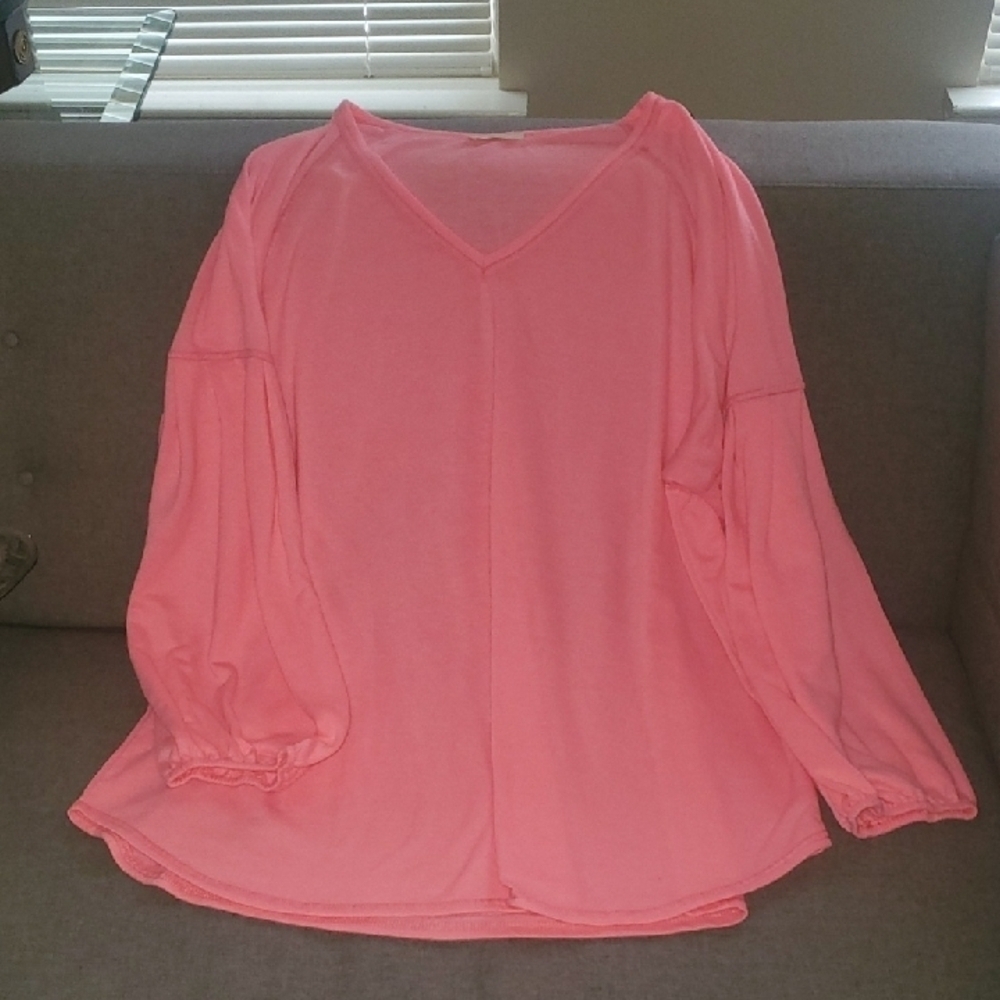 Women's Pink Top Comfy Womens Size 3X XXXL V-neck Drop Long Sleeve Is Pleated